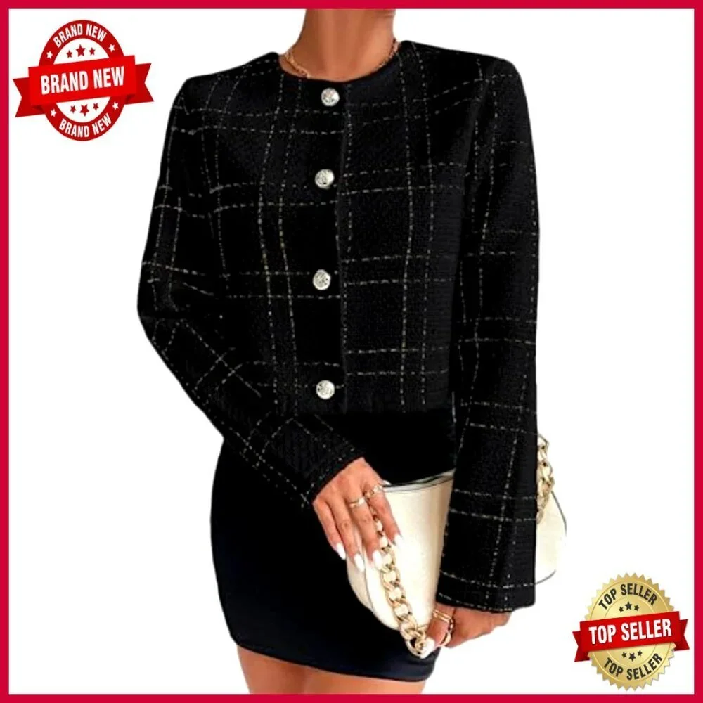Tweed Cropped Blazer Collarless Plaid Open Front Loose Fit_3